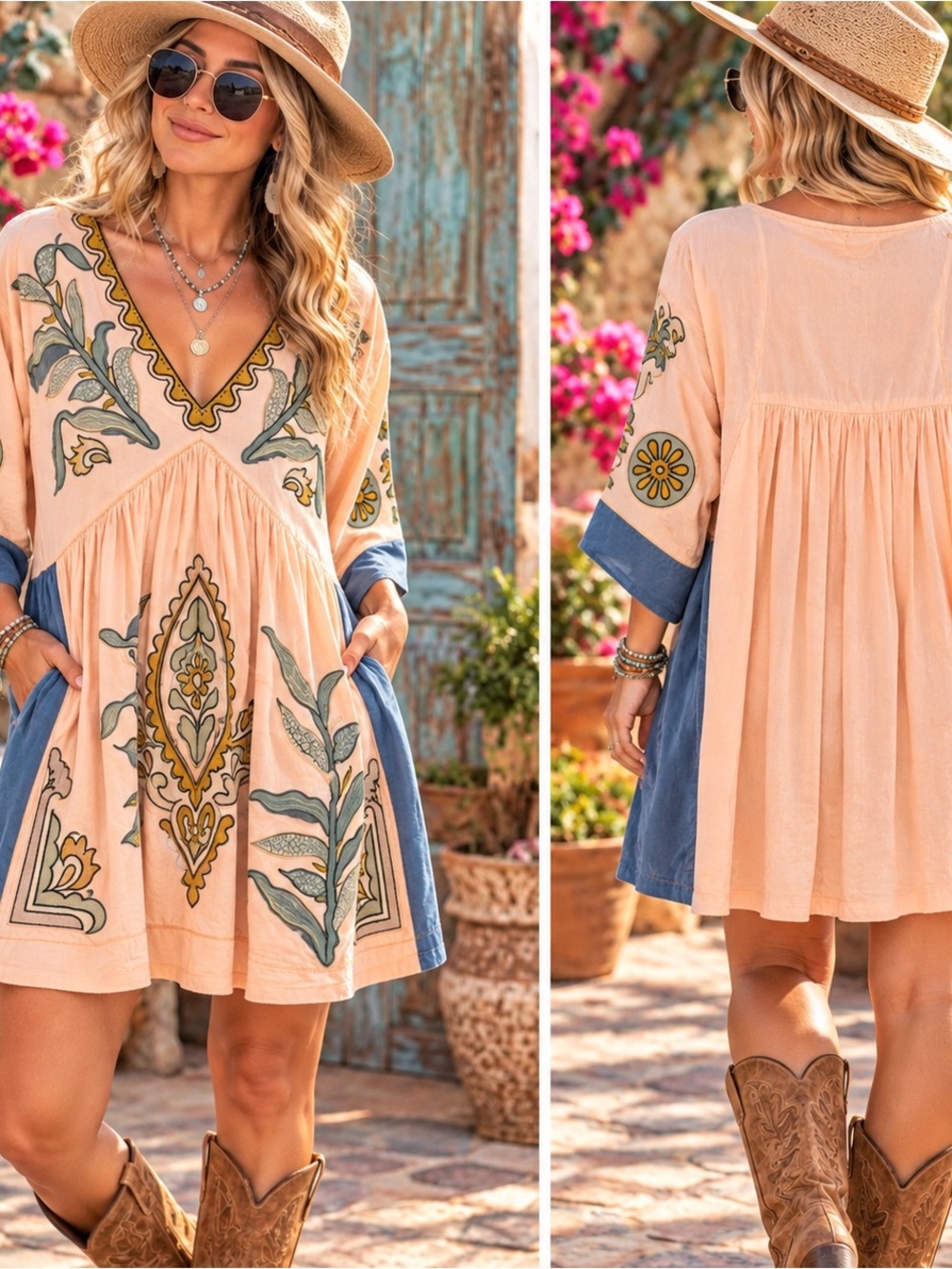 Blue Velvet Boutique Peach Embroidered V-Neck Mini Dress with Blue Panels